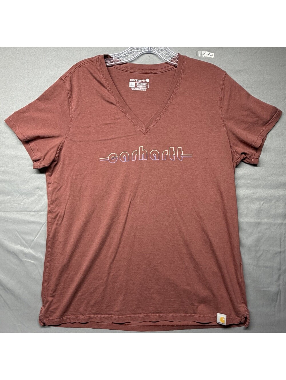 Carhartt Short Sleeve T Shirt Womens L (12-14) Dusty Rose - V Neck - Relaxed Fit